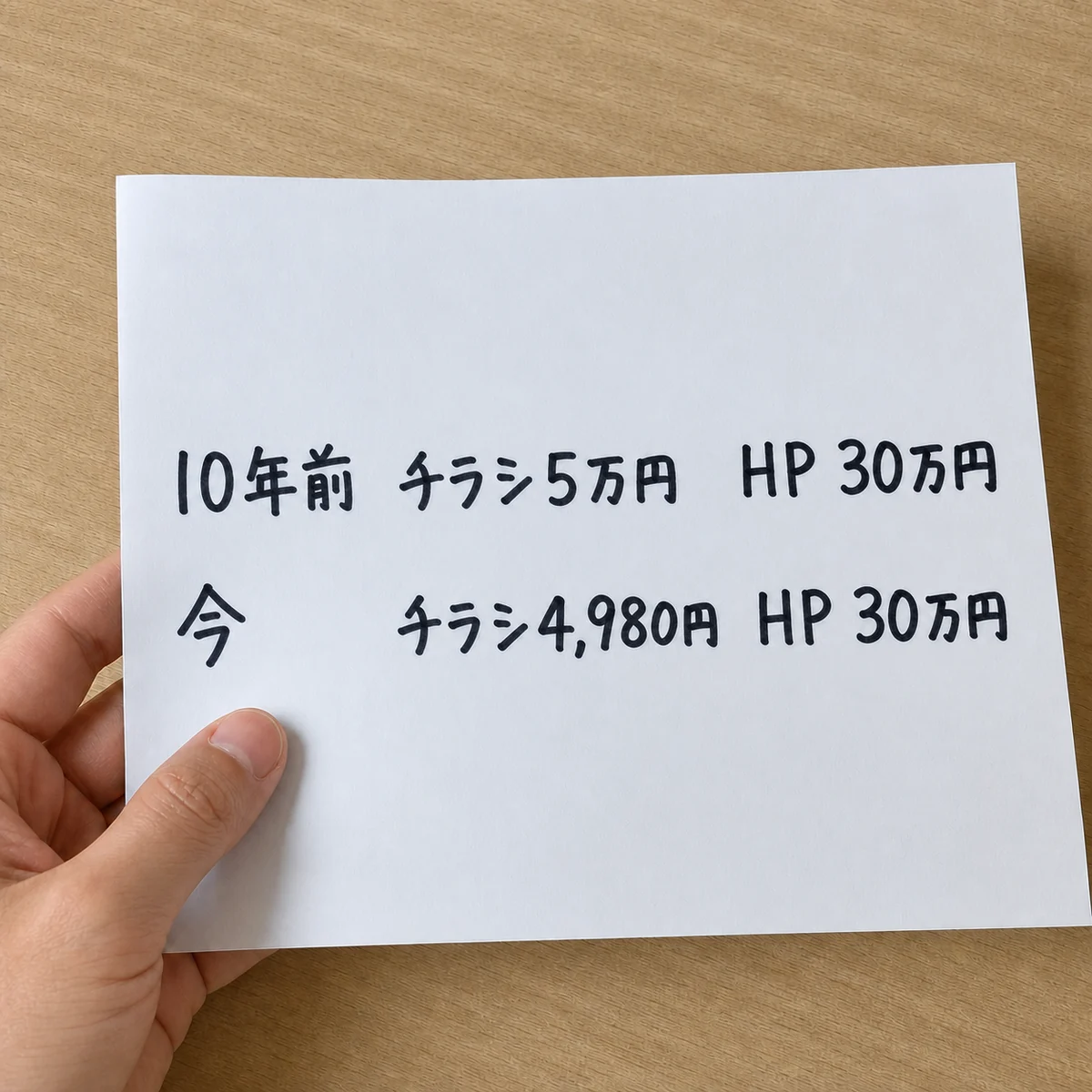 10年前と今のチラシ、ホームページ価格を比べた手書きメモ